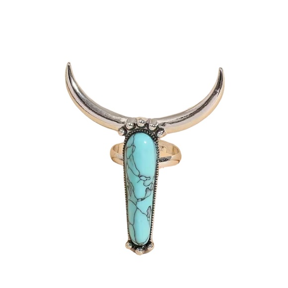 Western Style Exaggerated Bullhead Silver and Turquoise Ring - Picture 3 of 5